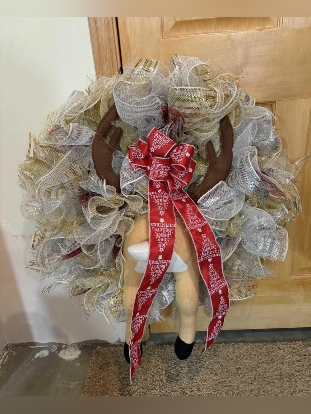 Festive Reindeer Holiday Wreath with Red Bow